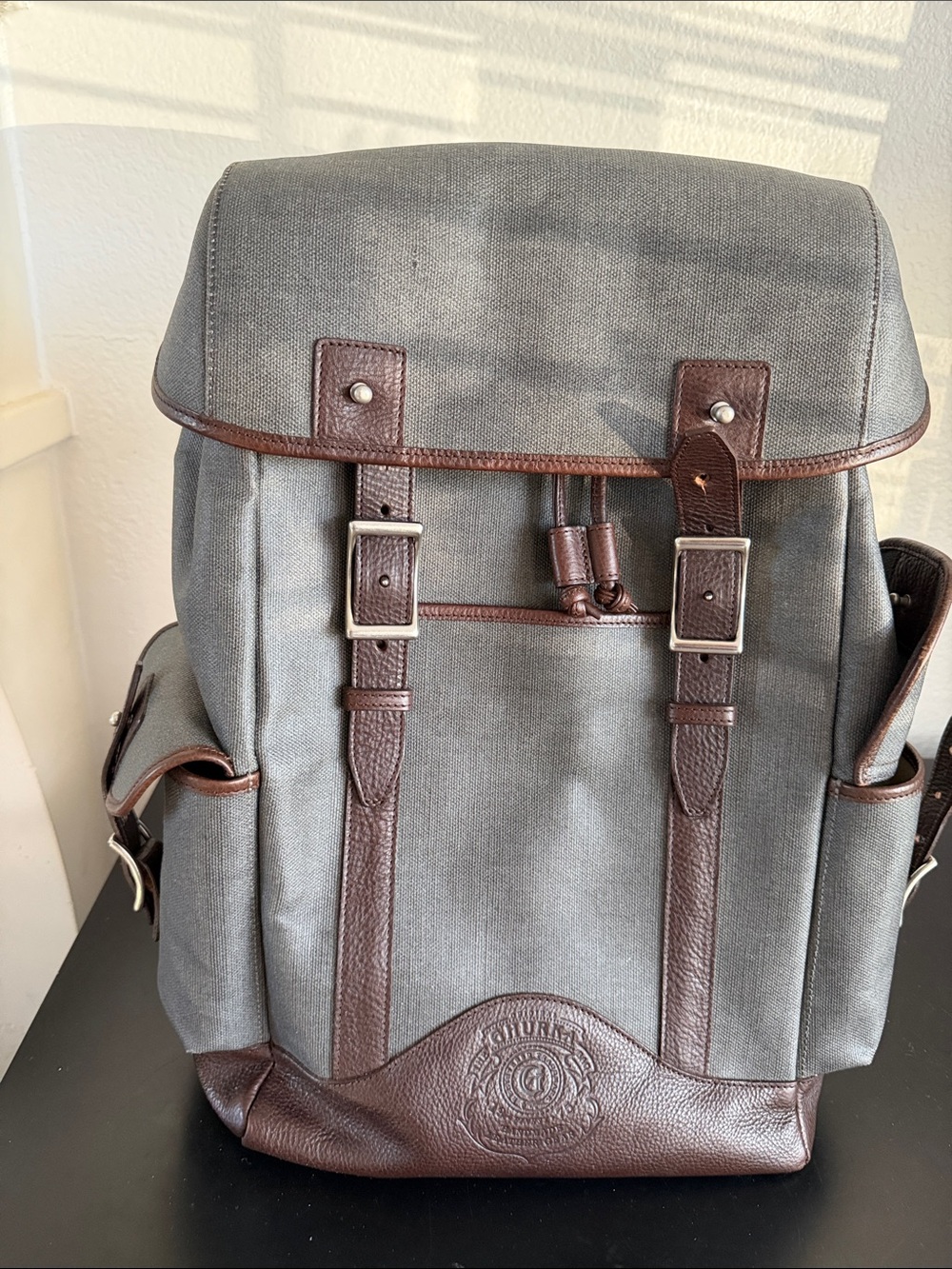 Ghurka Classic Gray Coated Canvas Backpack with Brown Leather Trim